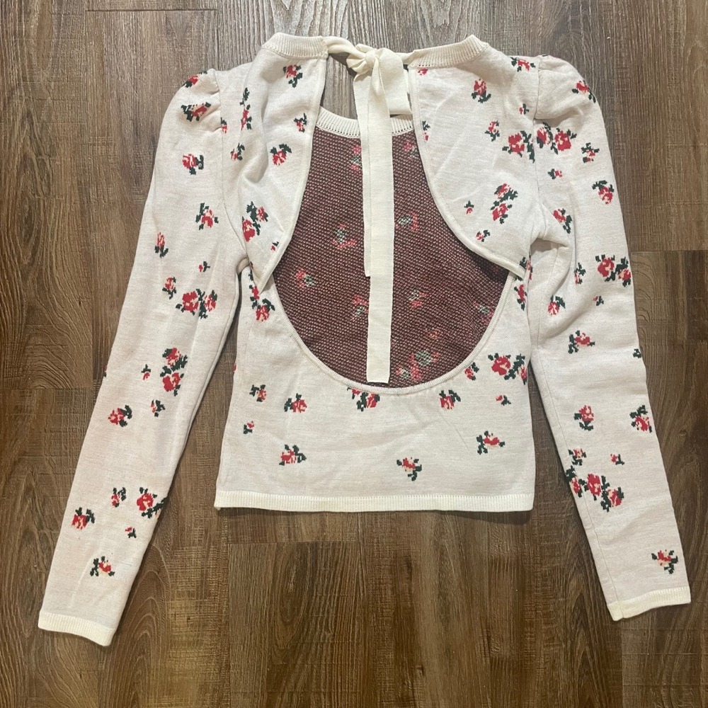 Naya‎ Rea Wool Blend Open Back Tie Sweater Puff Sleeve Floral Knit Top Small